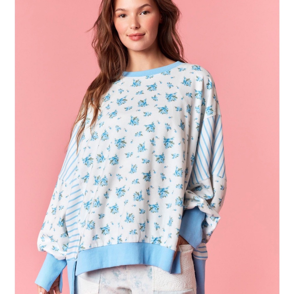 Blue Floral and Striped French Terry Top Long Sleeve